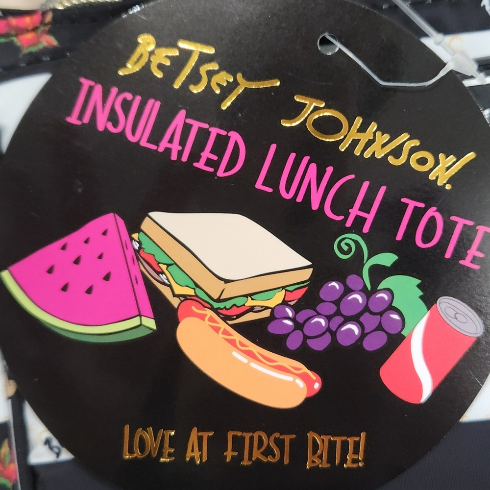 NWT Betsey Johnson "Caviar & Bubbly" Insulated Lunch Tote Chic Striped Bag - Picture 6 of 17